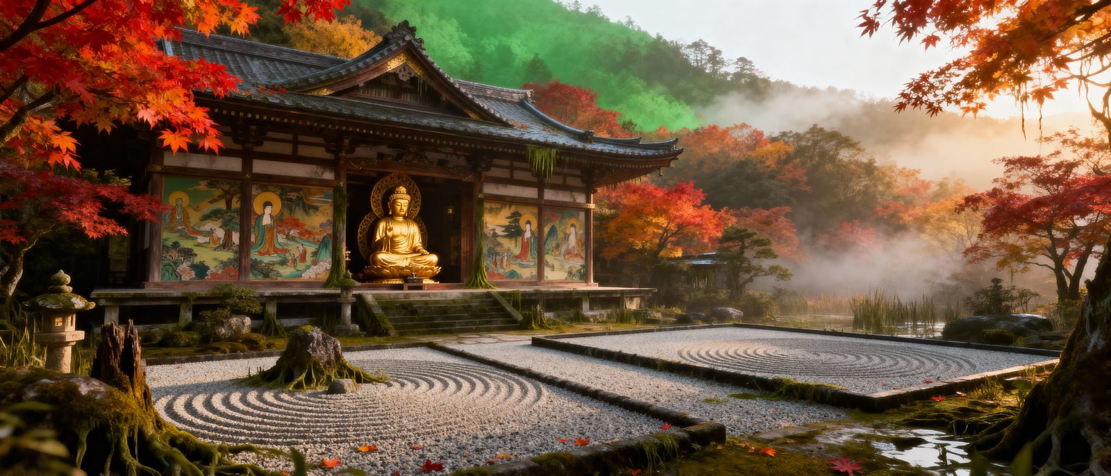 Kyoto Temple Amidst Fiery Autumn Foliage in Cinematic Light