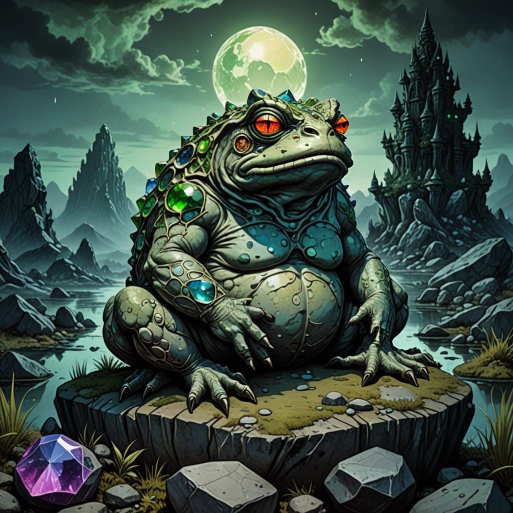 Gemstone-Eyed Demon Toad Statue in Astral Style