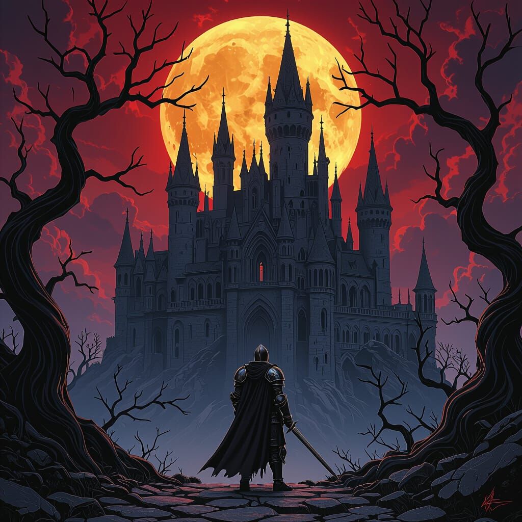 Dark Fantasy Knight Before Gothic Castle Under Blood Moon