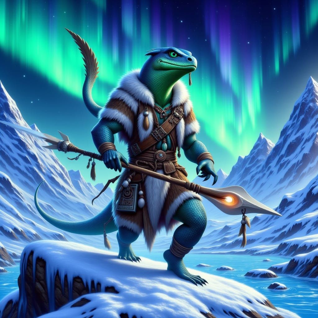 Inuit Lizard Warrior in Aurora Borealis Landscape
