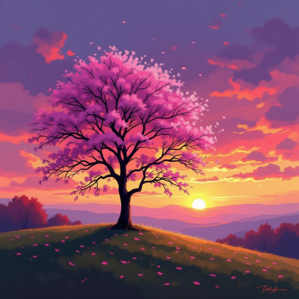 Autumn Sunset Tree with Falling Pink Blossoms