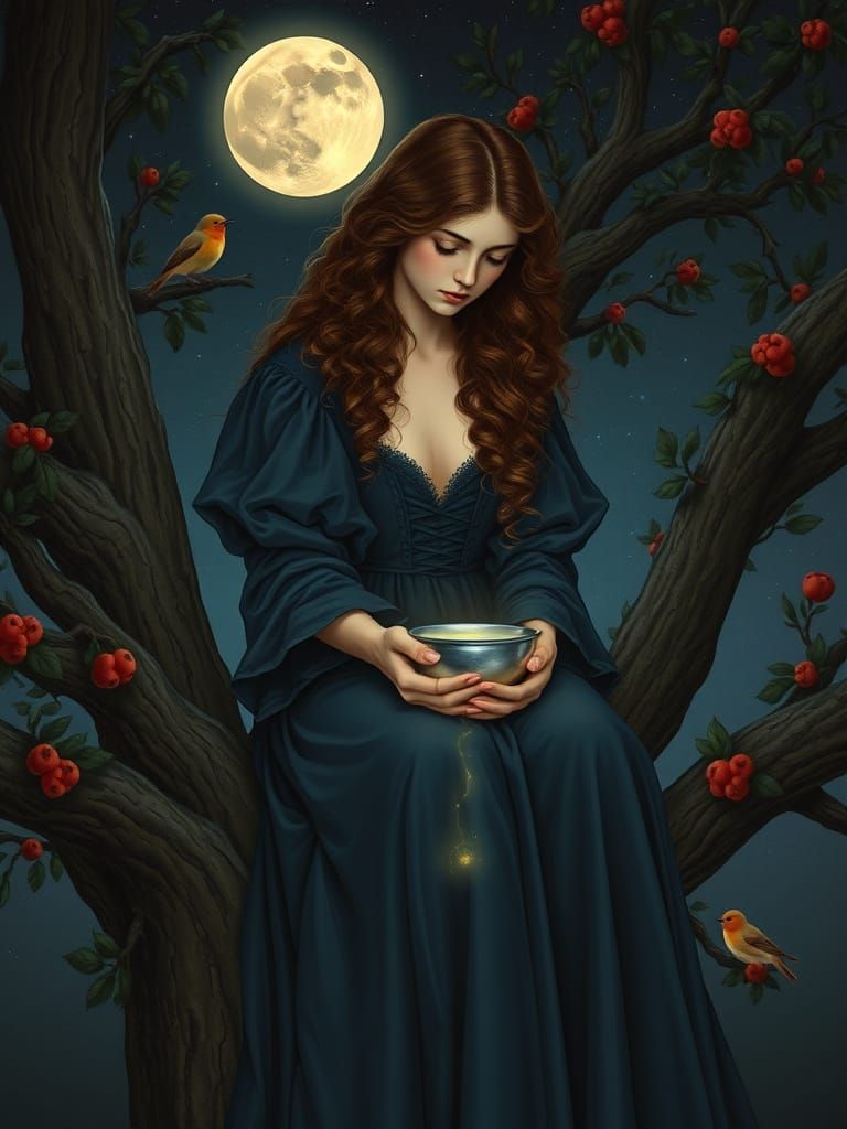 Young Woman Contemplates in a Mystical Victorian Forest