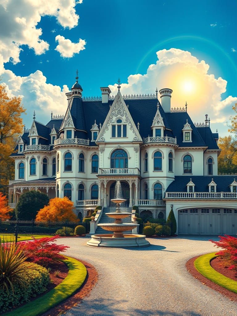 Surreal Victorian Mansion Amidst Vibrant, Sun-Kissed Landsca...