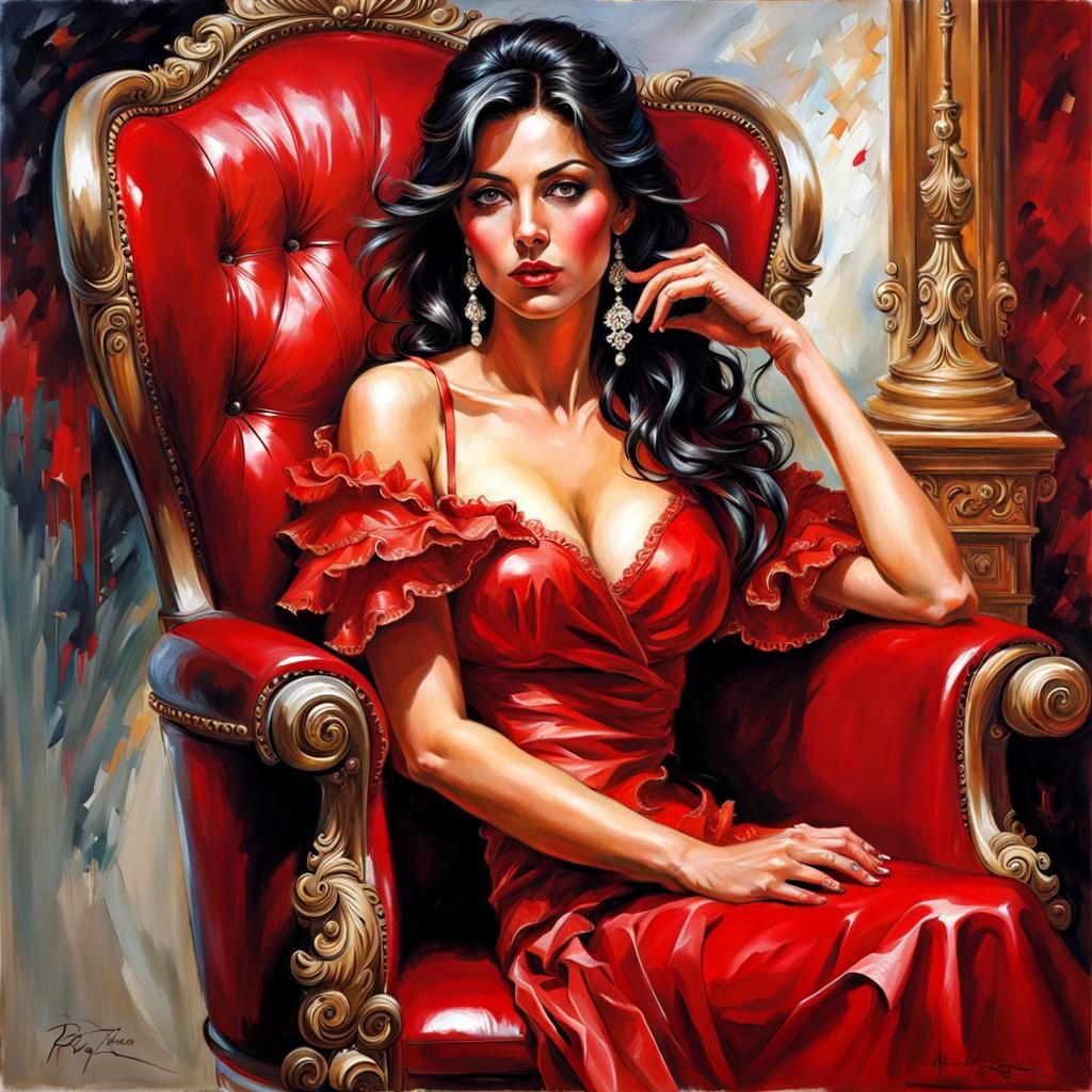 Attractive Woman in Red Chair: Splash Art Style