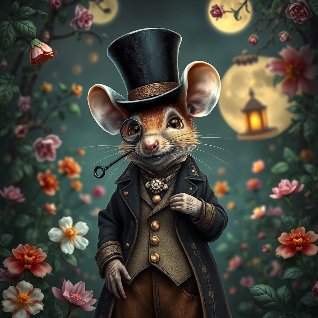Victorian Mouse Gentleman in Whimsical Garden Scenes