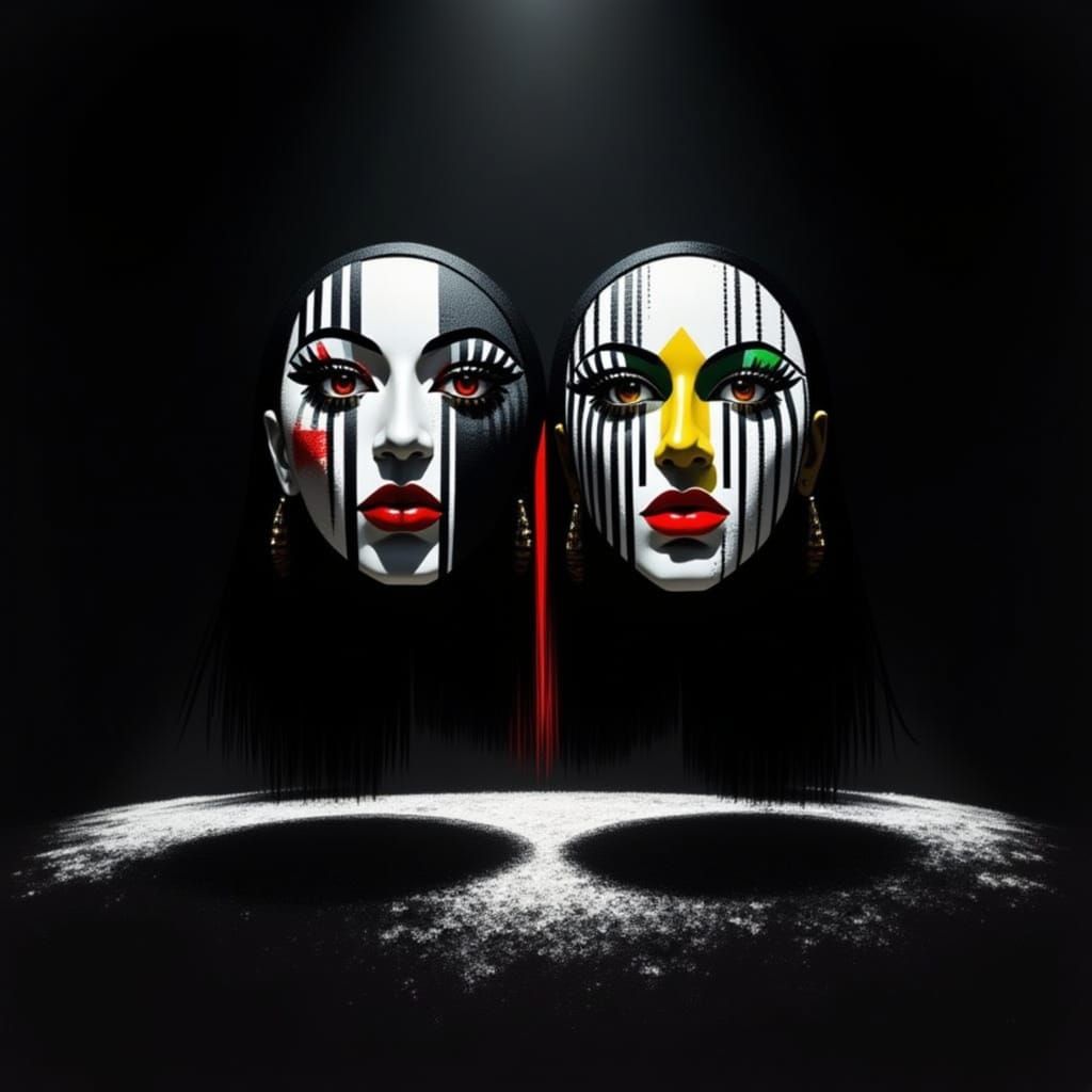 Barcode Comedy and Tragedy Masks in Futuristic Style