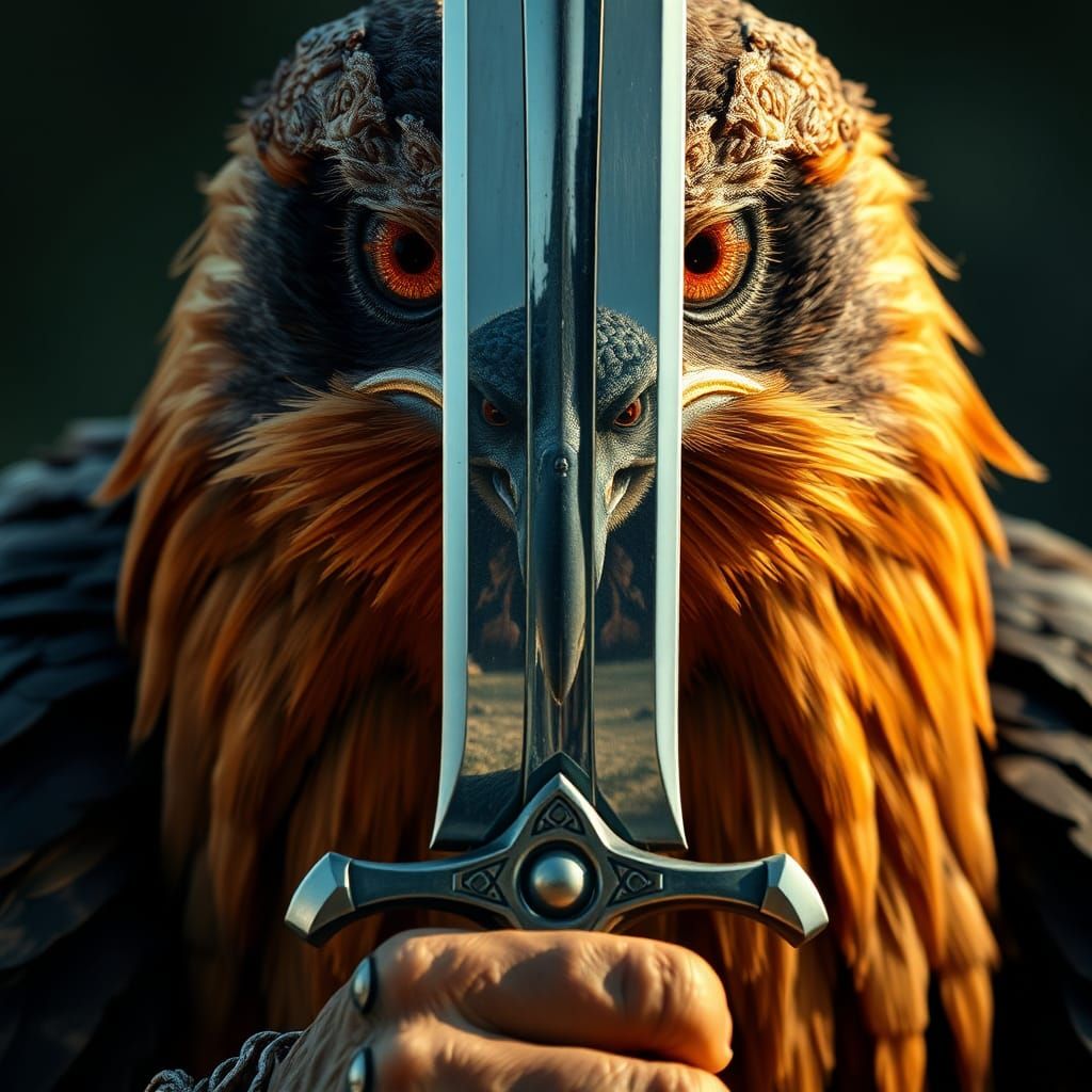 Hawk Warrior Reflects Mythical Monster in Sword