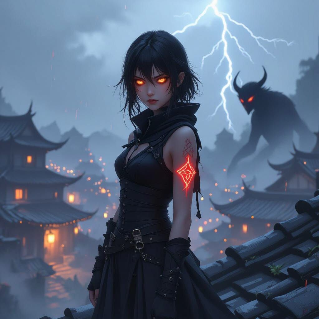 Dark Fantasy Book Cover: Half-Demon Girl on Rooftop