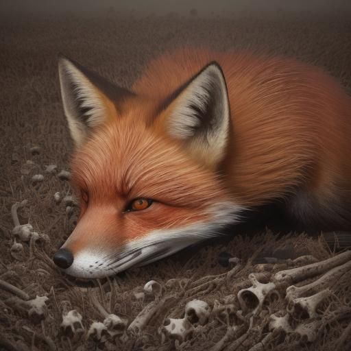 Mourning Fox Cries Over Heart in Skull Field