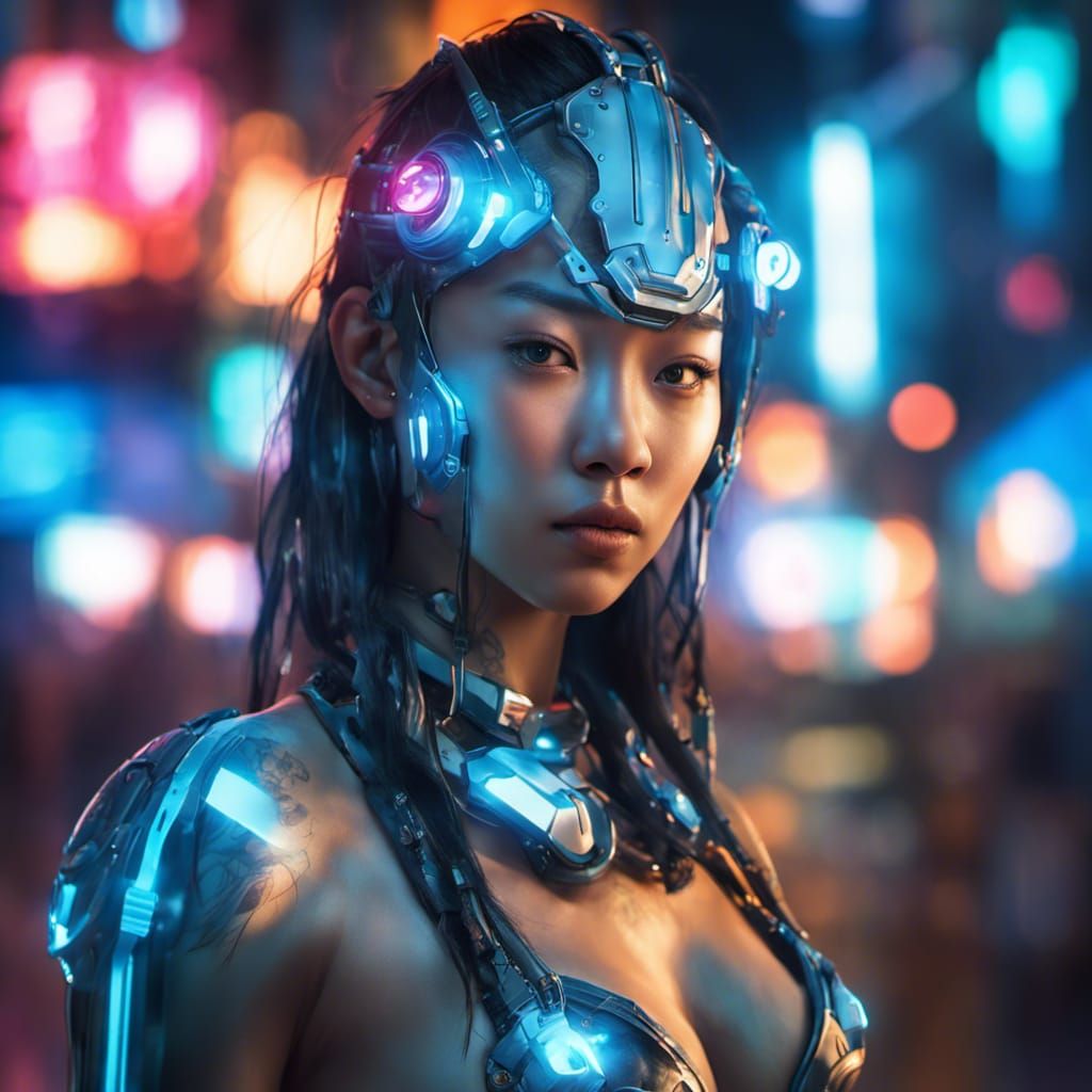 Cyborg Girl in Neon City, Hyperdetailed Portrait