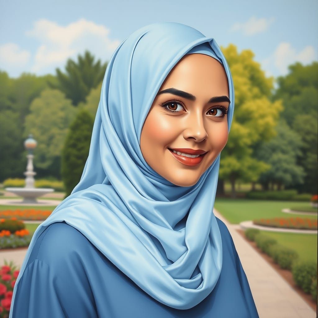 Beautiful Hijabi Woman in Garden Park: Oil Painting