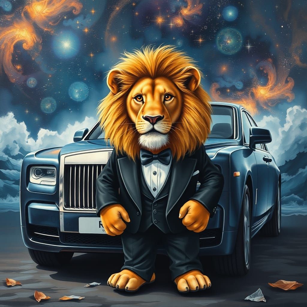 Lion in Tuxedo with Nebula Flower Accents