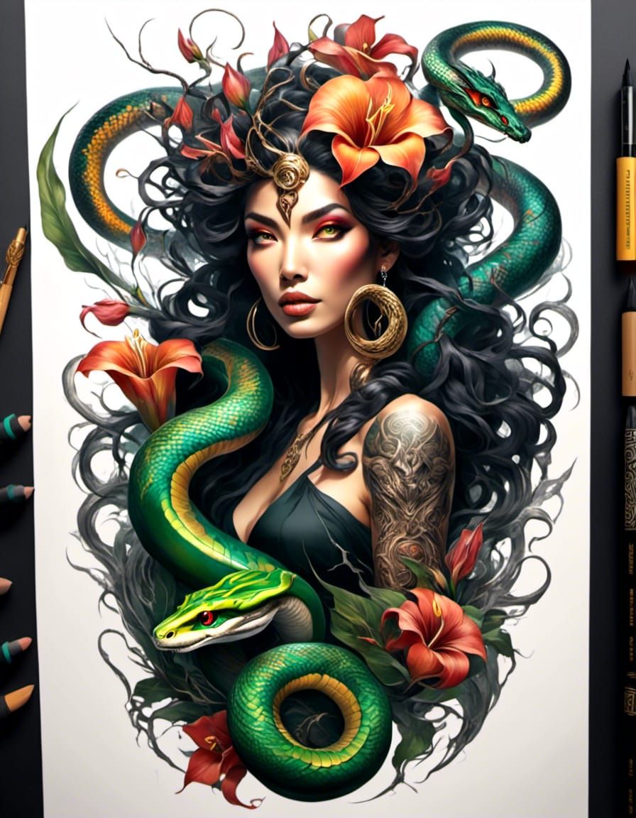 Witchy Medusa Tattoo Design with Snake Hair
