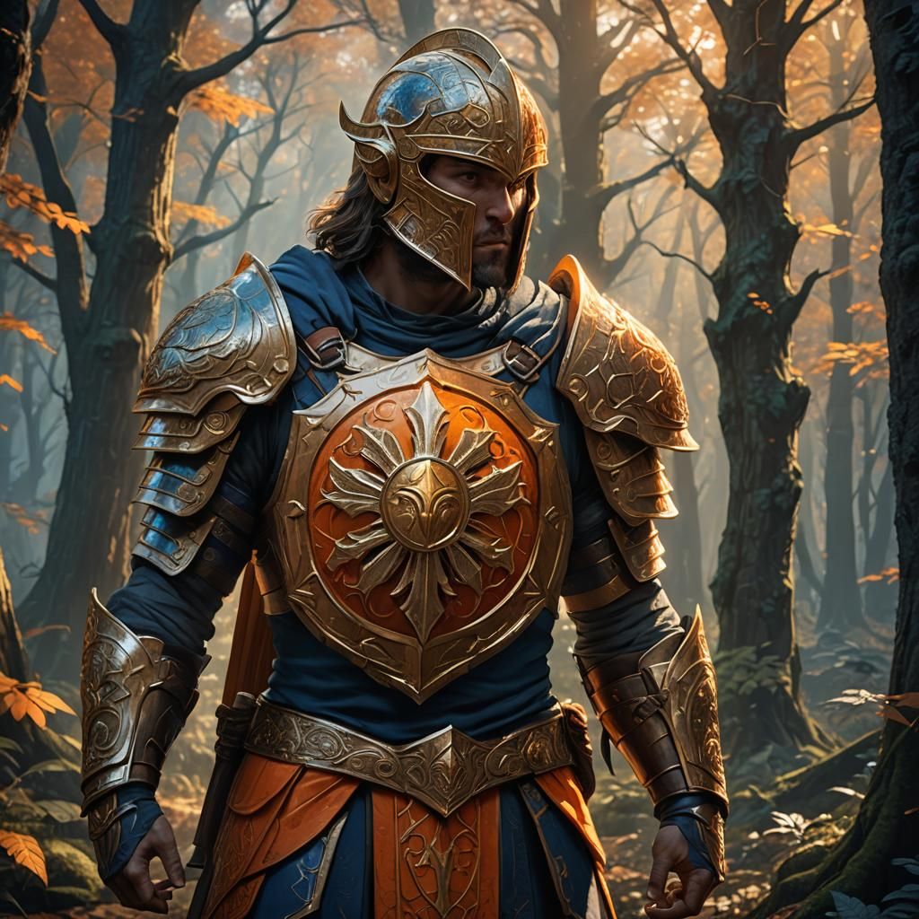 Heroic Warrior with Orange Shield in Mystical Forest