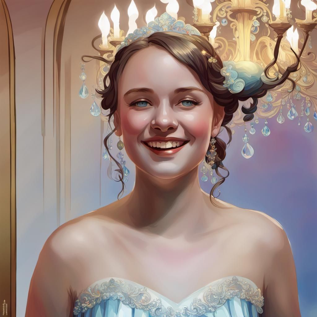 Smiling Girl in Art Nouveau Ballroom with Sparkles