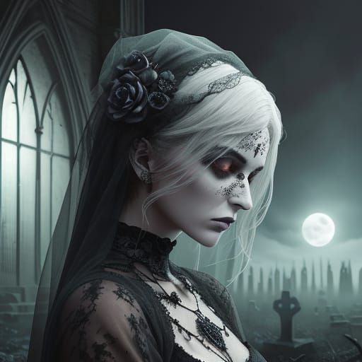 Gothic Goth Figure in Moonlit Graveyard Digital Painting