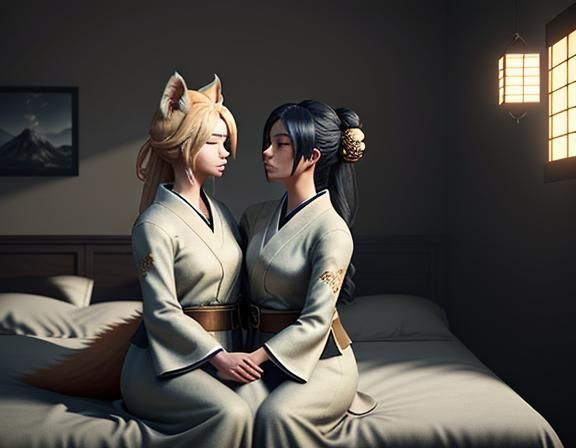 Two Kitsune Kissing in Bedroom, Manga Style