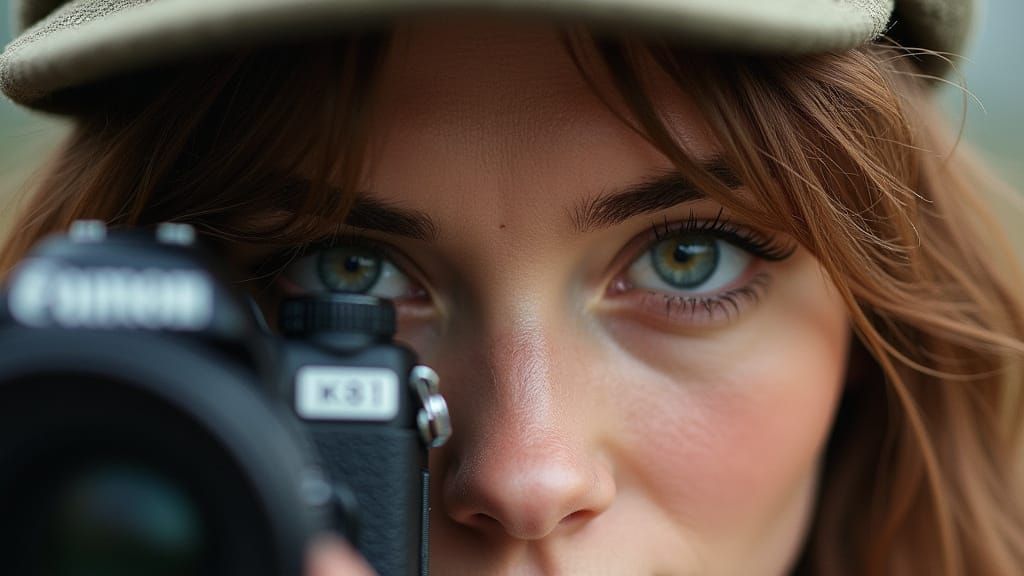 Stunning Woman in Reporter's Cap, Close-Up Portrait