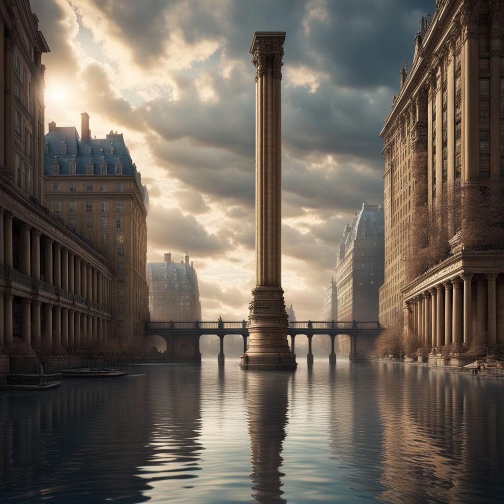 Sunlit Colonnade: Esplanade Submerged in Clear Water