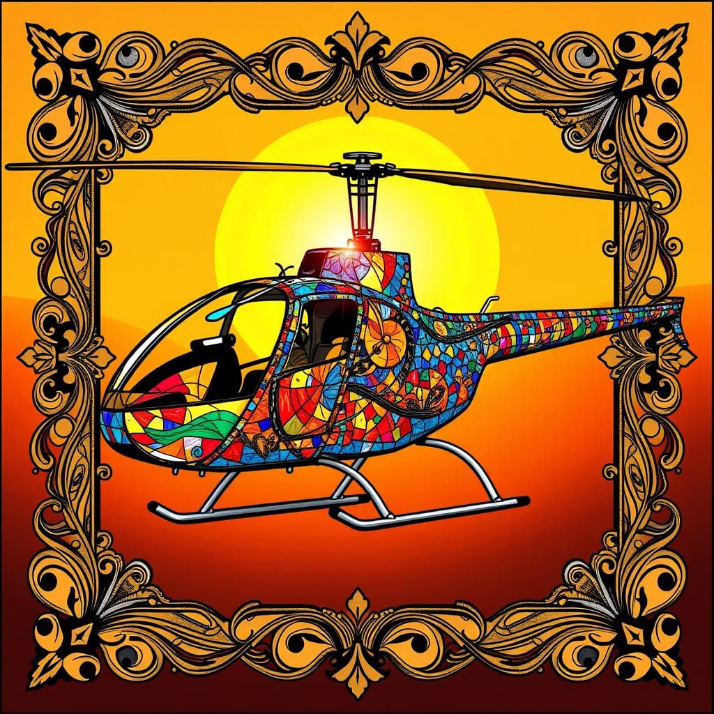 Sleek Stained Glass Helicopter in Art Nouveau Style