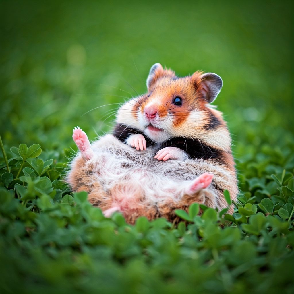 Smiling Hamster in Clover Field with Dreamy Depth