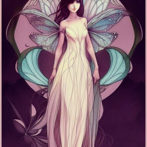 Art Nouveau Iris Fairy in Watercolor and Ink