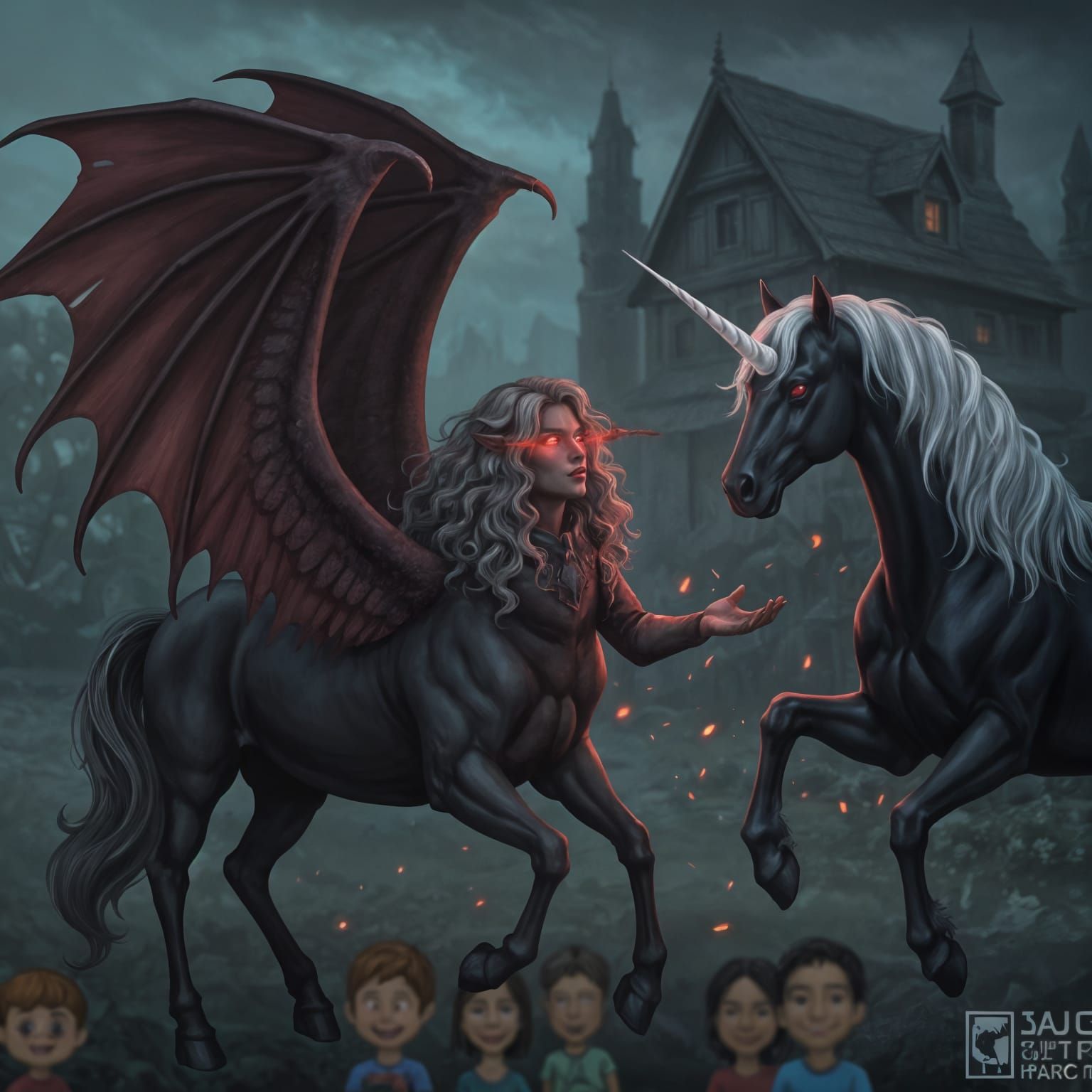 Gothic Fantasy Oil Painting of Centaur and Pegasus