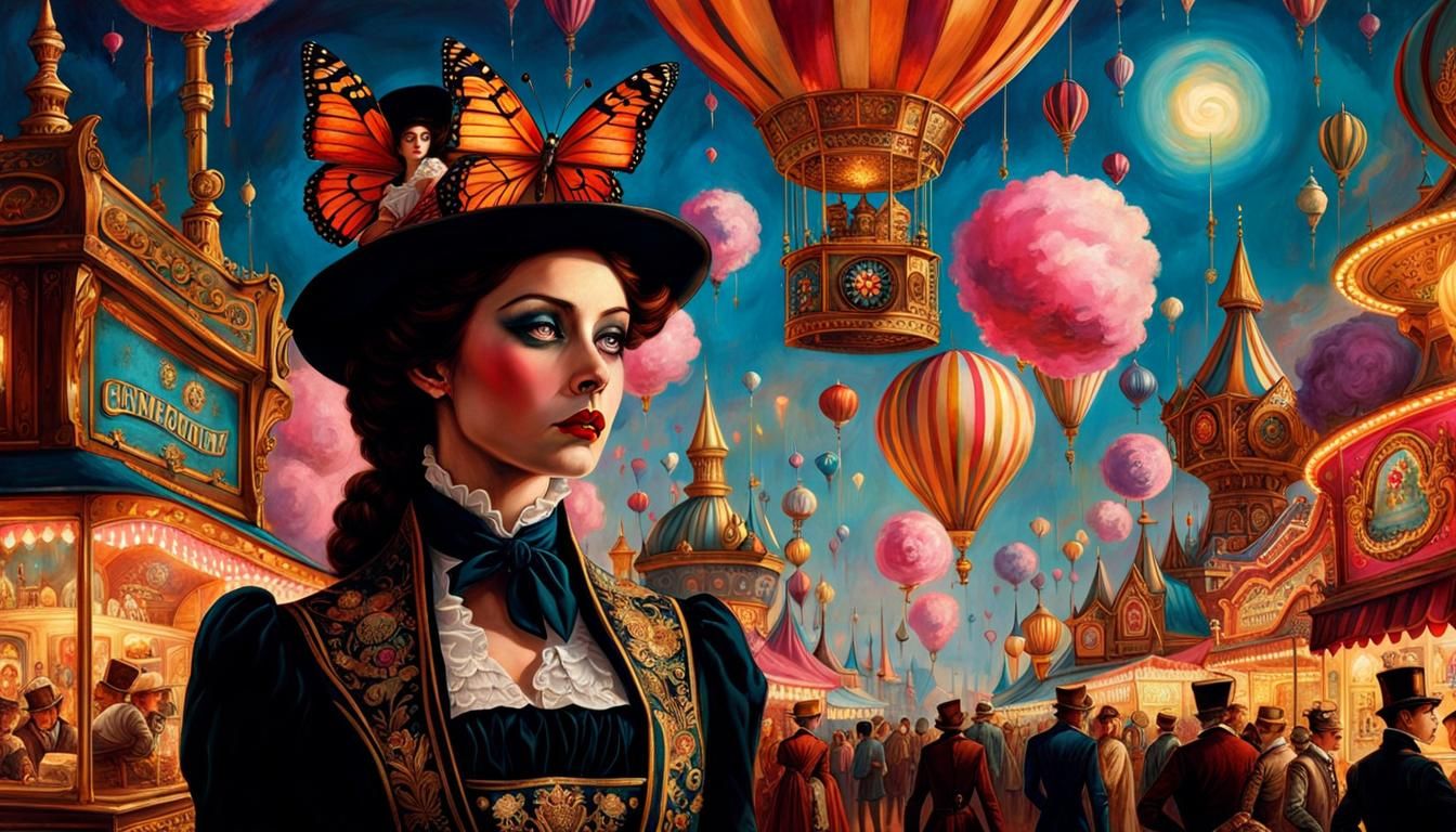 Steampunk Doll at Carnival: Colorful Surreal Dreamscape