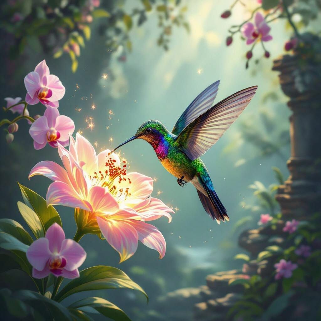 Bioluminescent Hummingbird Sips Nectar in Jungle Valley