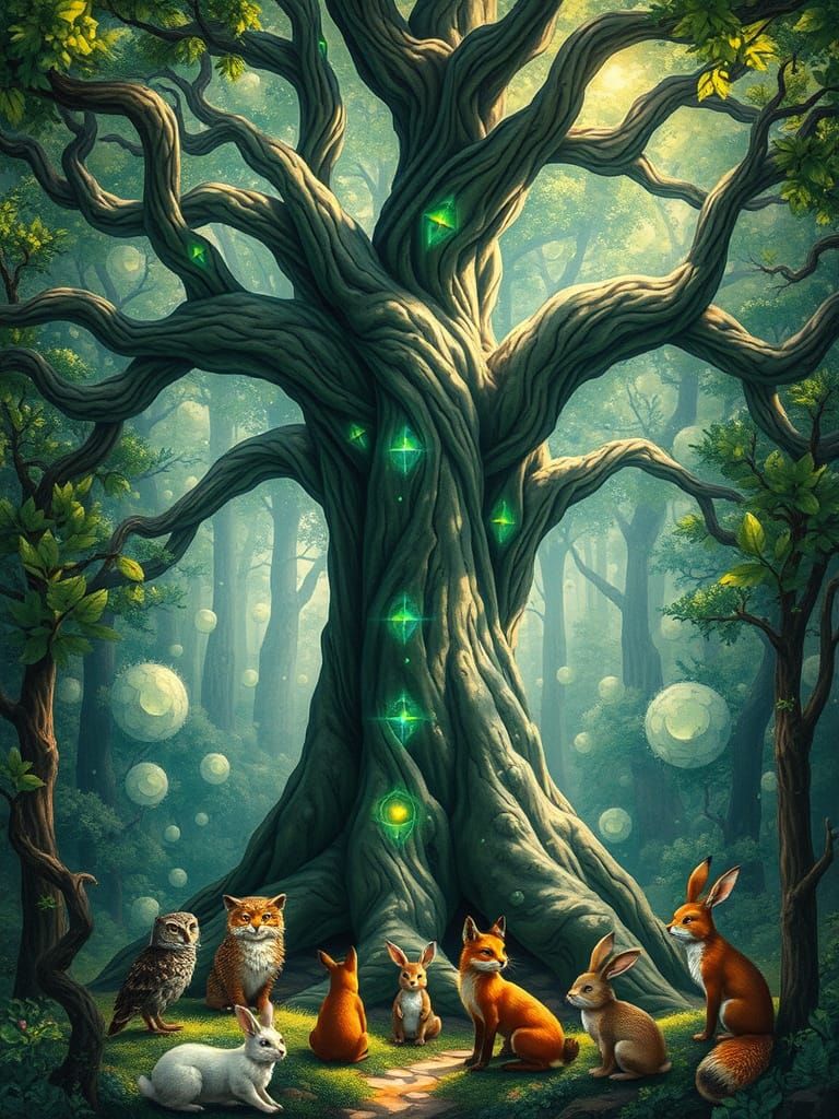Mystical Tree of Wisdom in Enchanted Forest Landscape