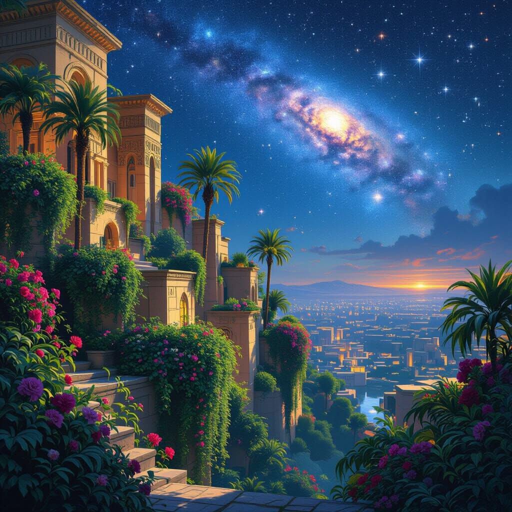 Hanging Gardens of Babylon with Galaxy Sky