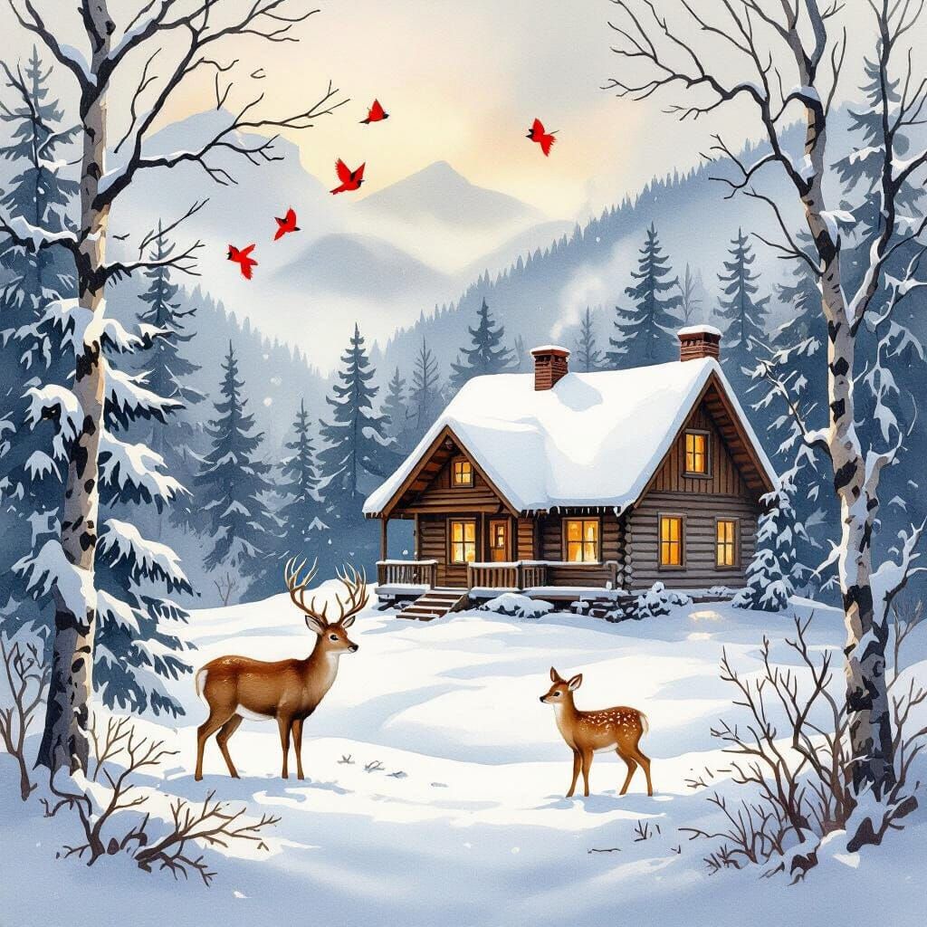 Cozy Winter Cabin Scene with Deer and Cardinals