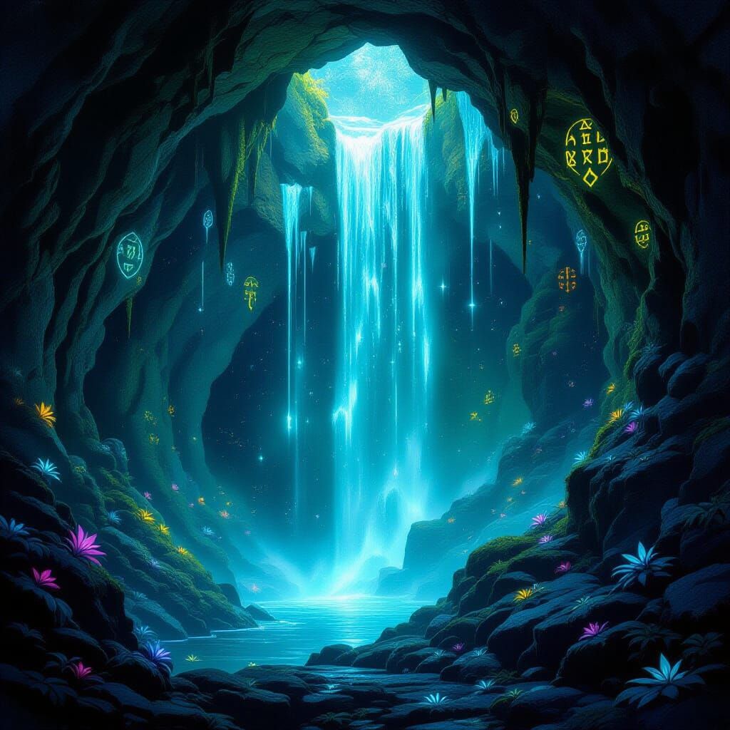 Magical Starlight Waterfall Illuminates Enchanted Grotto