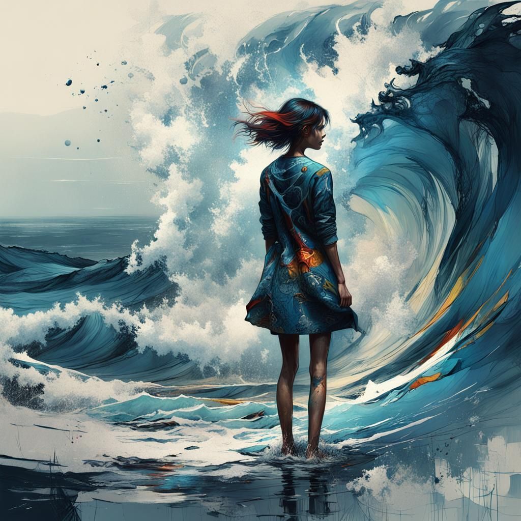 Surreal Ocean Wave with Girl, Abstract Art