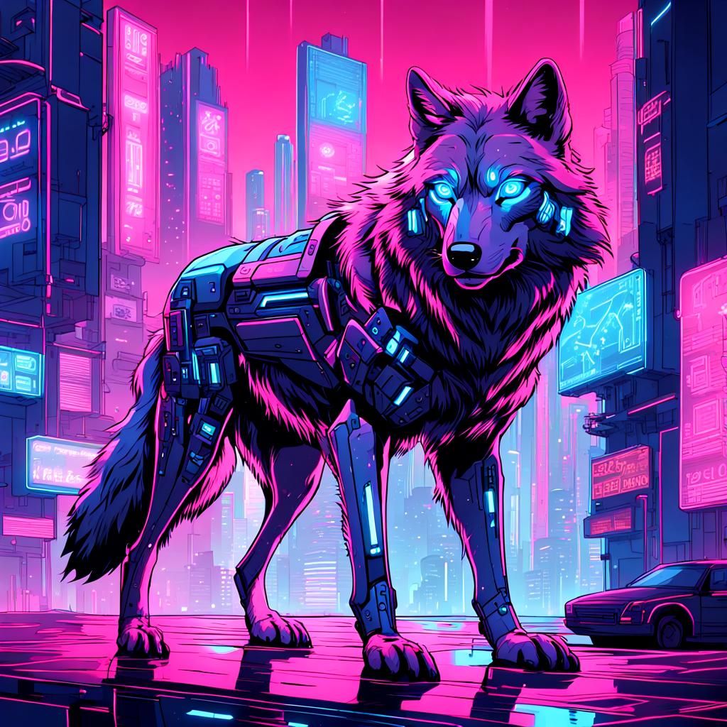 Cyberpunk Wolf Prowls Neon City in Comic Style
