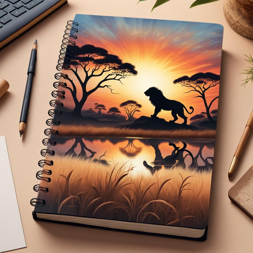 Lion Leaps Through Savanna Sunset on Notebook