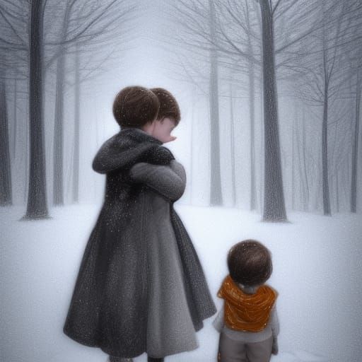 Children Hugging in Snow: Detailed Art Sketch