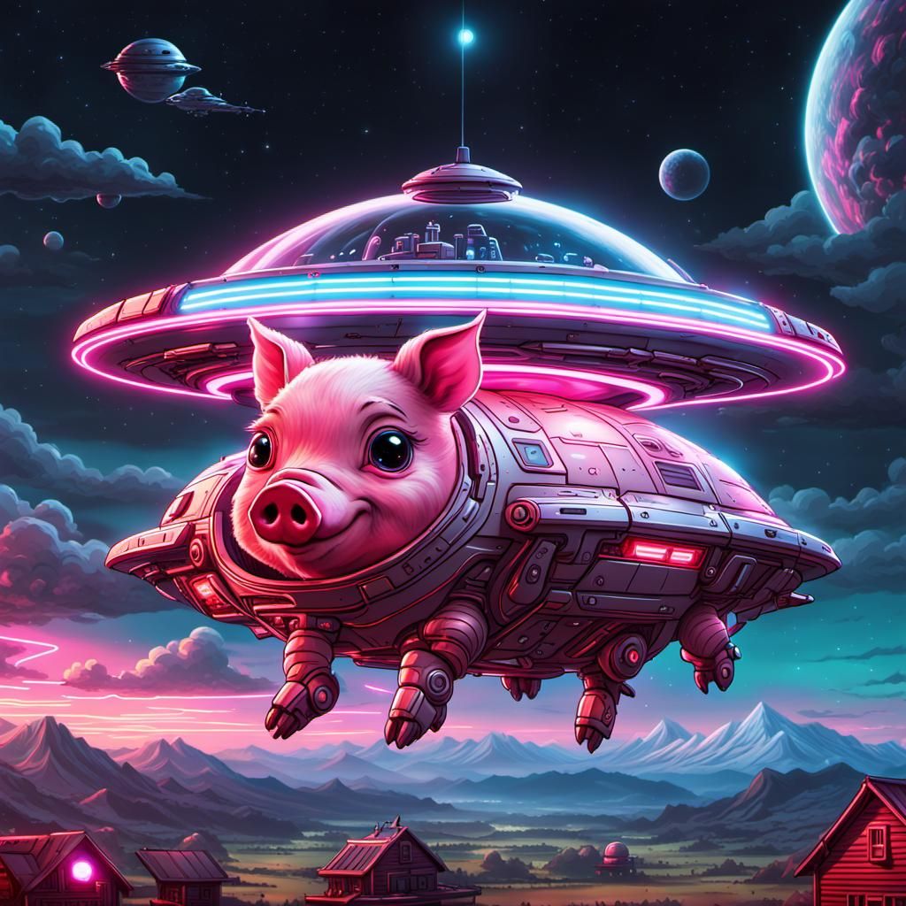 Adorable Piglet Flying UFO in Comic Book Art