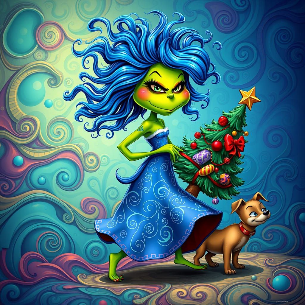 Whimsical Grinch Woman in Vibrant Blue Hair and Flowing Dres...