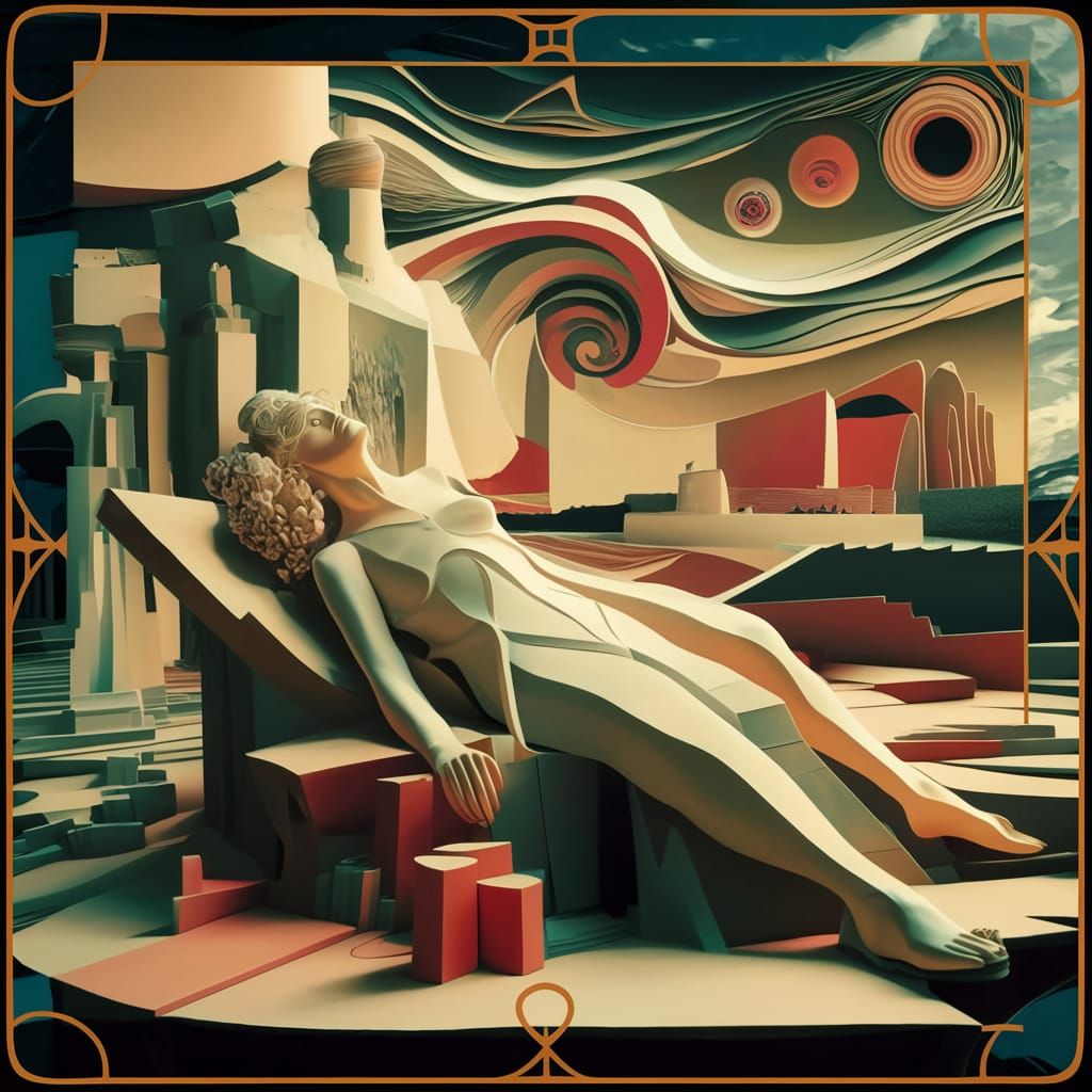 Cubist Tarot Card: Dreamer in Surreal Landscape