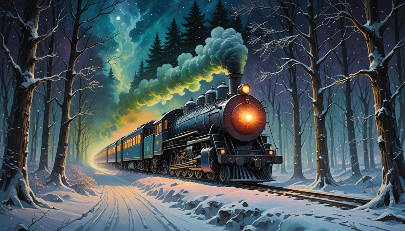 Ethereal Fantasy Train in a Moonlit, Starry Night Sky