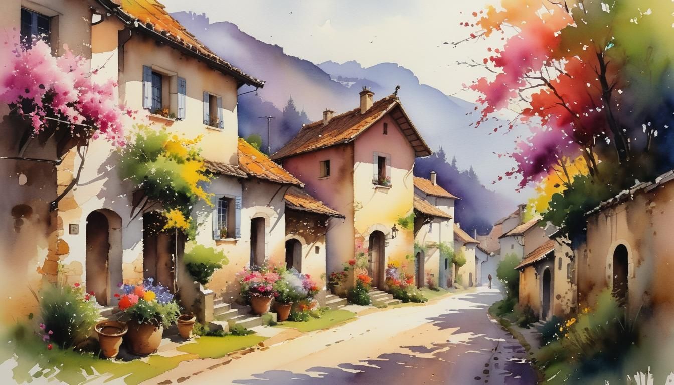 Picturesque Village in Impressionist Watercolor Style