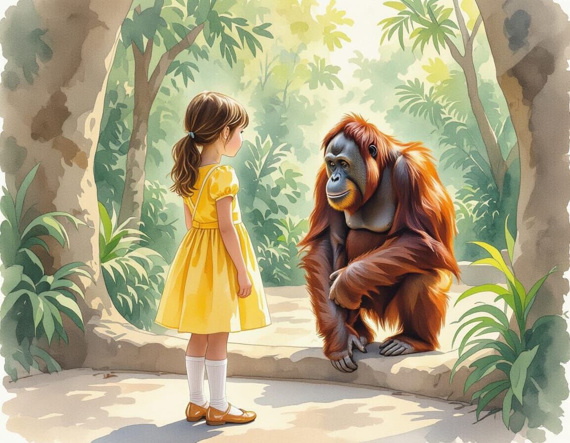 Girl at Zoo Captivated by Orangutans: Whimsical Illustration