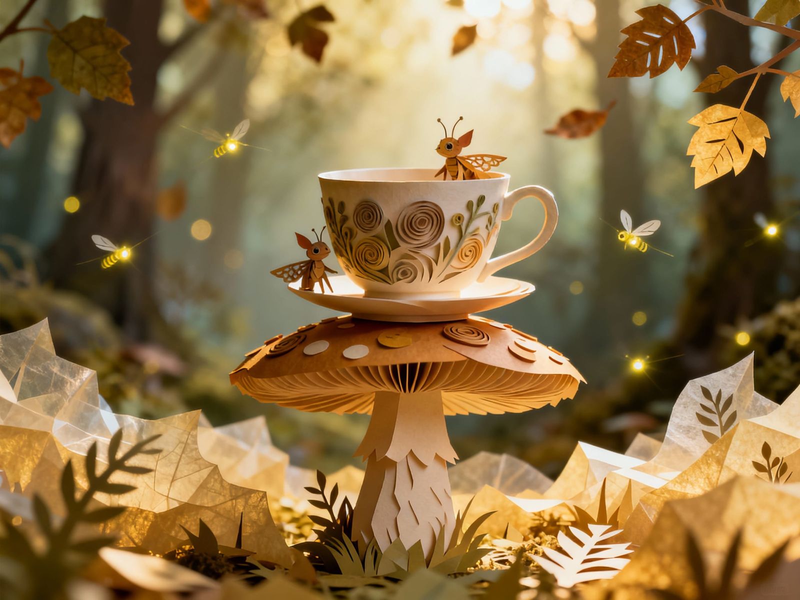 Whimsical Teacup on Giant Mushroom in Papercut Forest