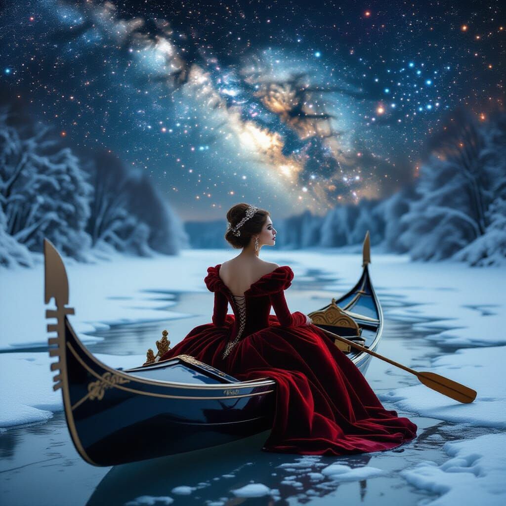 Elegant Figure in Red Velvet Gown on Frozen River Under Star...