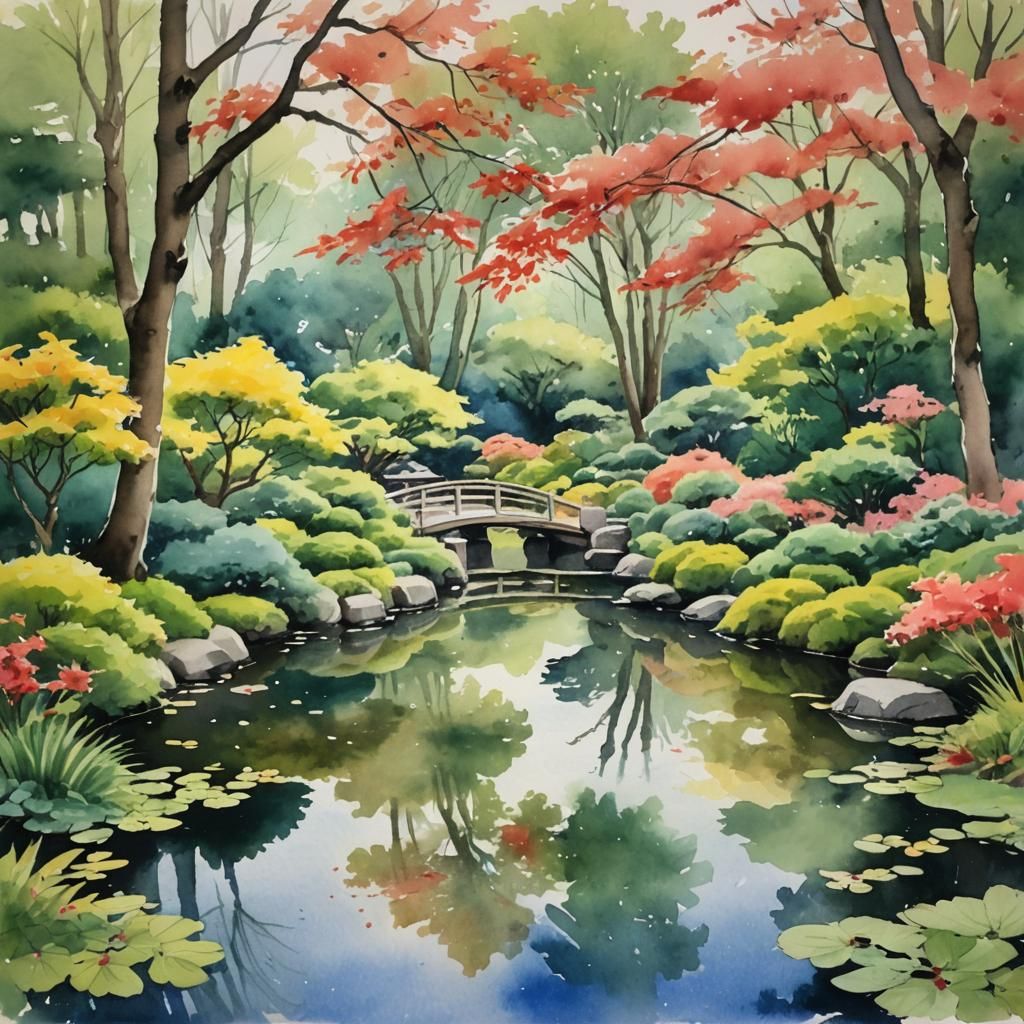 Watercolor Sketch of Japanese Garden in The Hague