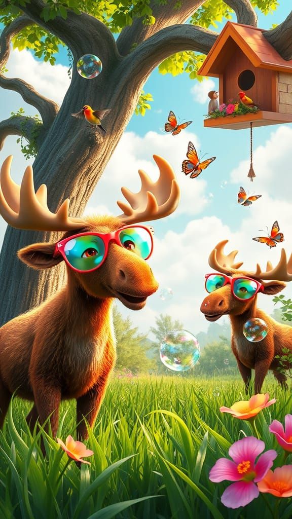 Woodland Moose with Oversized Glasses, Blowing Bubbles with Friends 🫎🦋