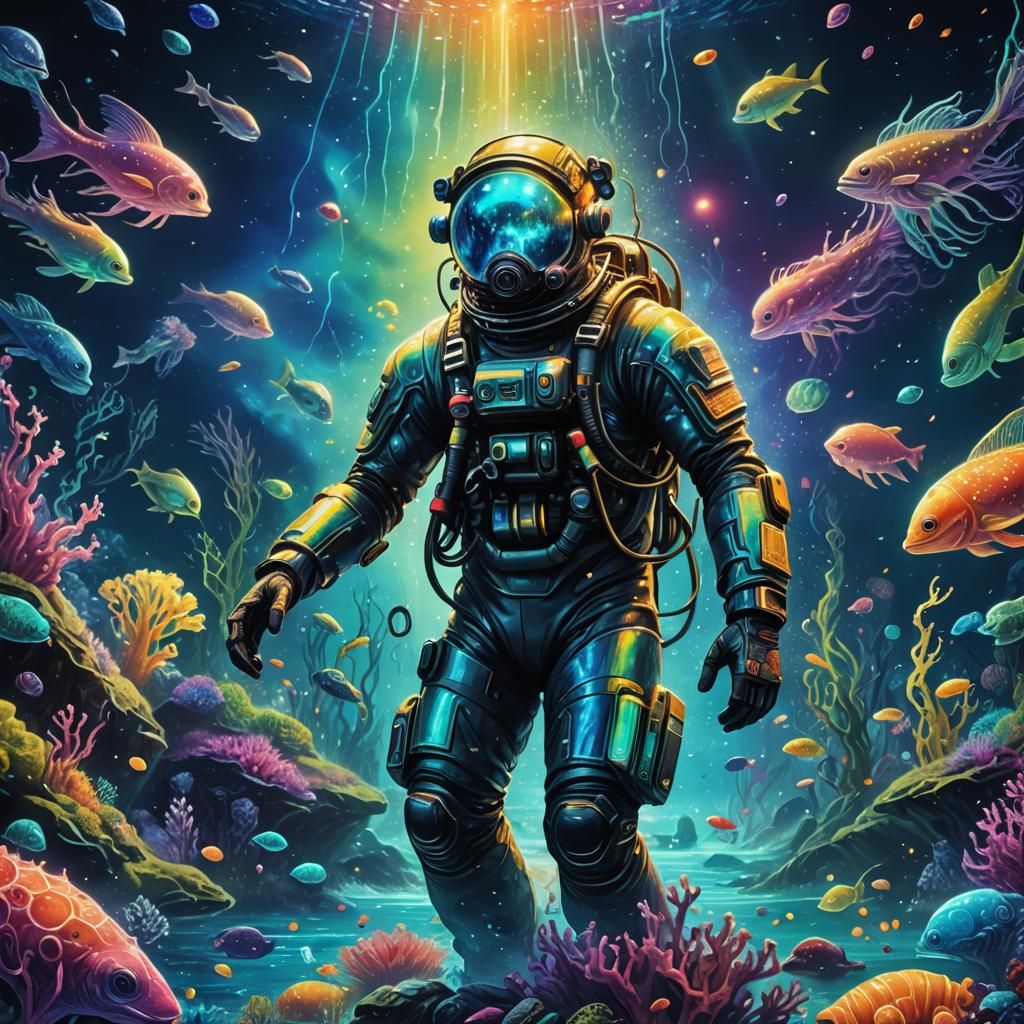 Astral Diver in Bioluminescent Alien Ocean