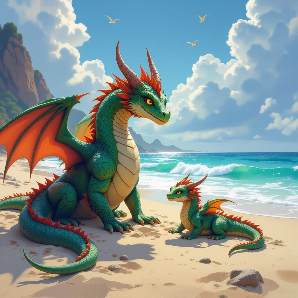 Dragon Family Relaxing on Beach in Art Nouveau Style
