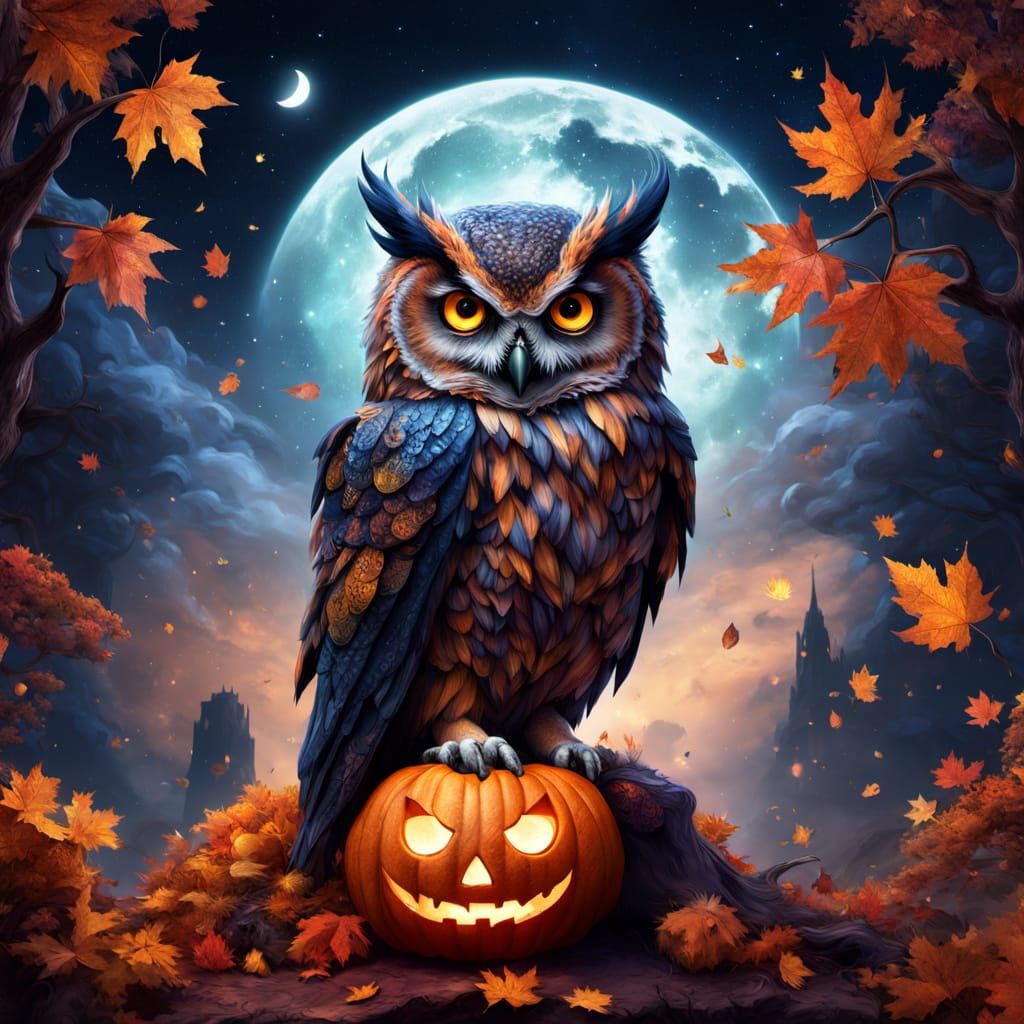 Ghostly Owl on Jack-o'-Lantern, Surreal Cosmic Fantasy Art